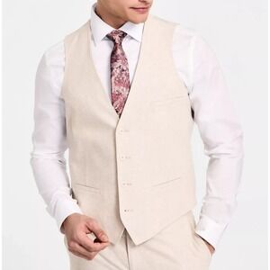 Bar III Mens Slim fit Button-Up Suit Vest Light Beige Solid Linen Blend Size XL